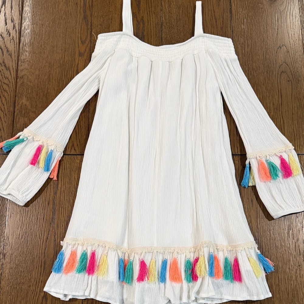 Chic White Kids Dress with Multicolor Tassels